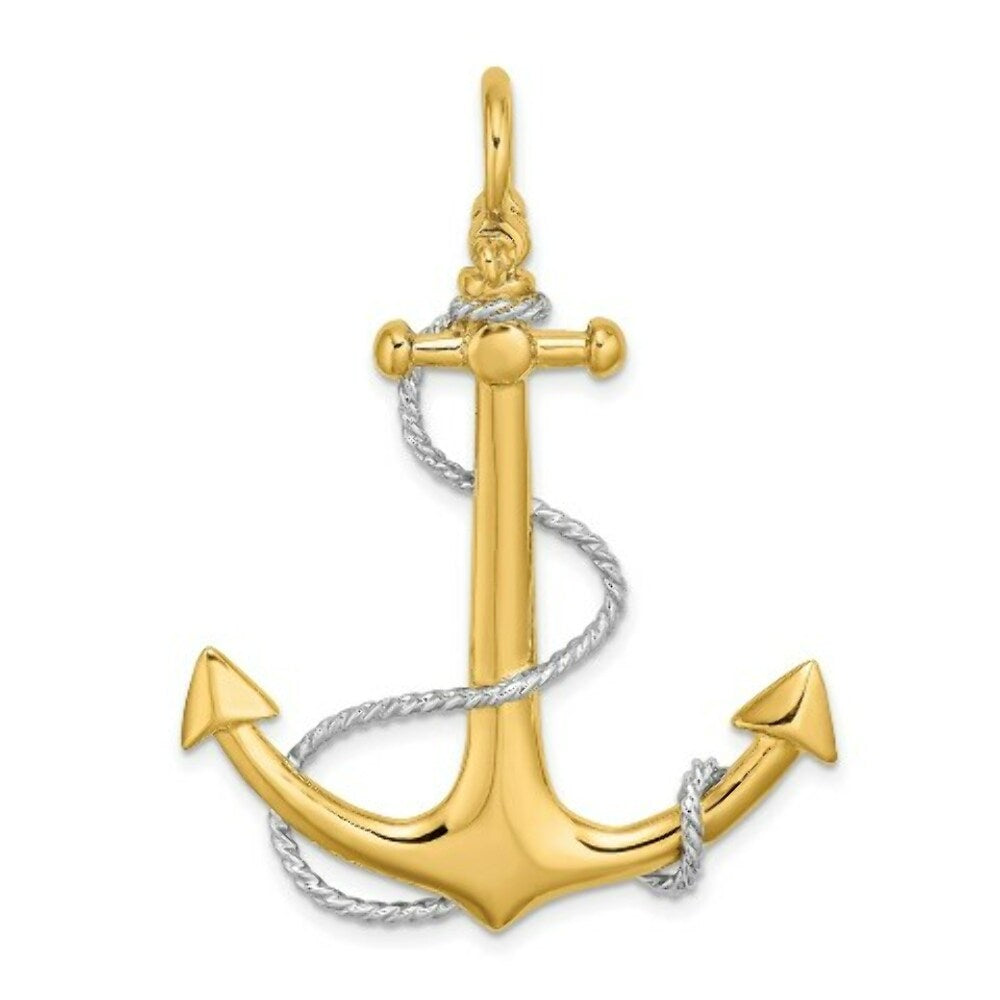 14K Two-tone Gold 3-D Large Anchor With Rope & Shackle Bail Charm Pendant