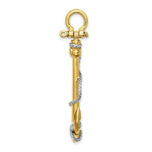 14K Two-tone Gold 3-D Large Anchor With Rope & Shackle Bail Charm Pendant