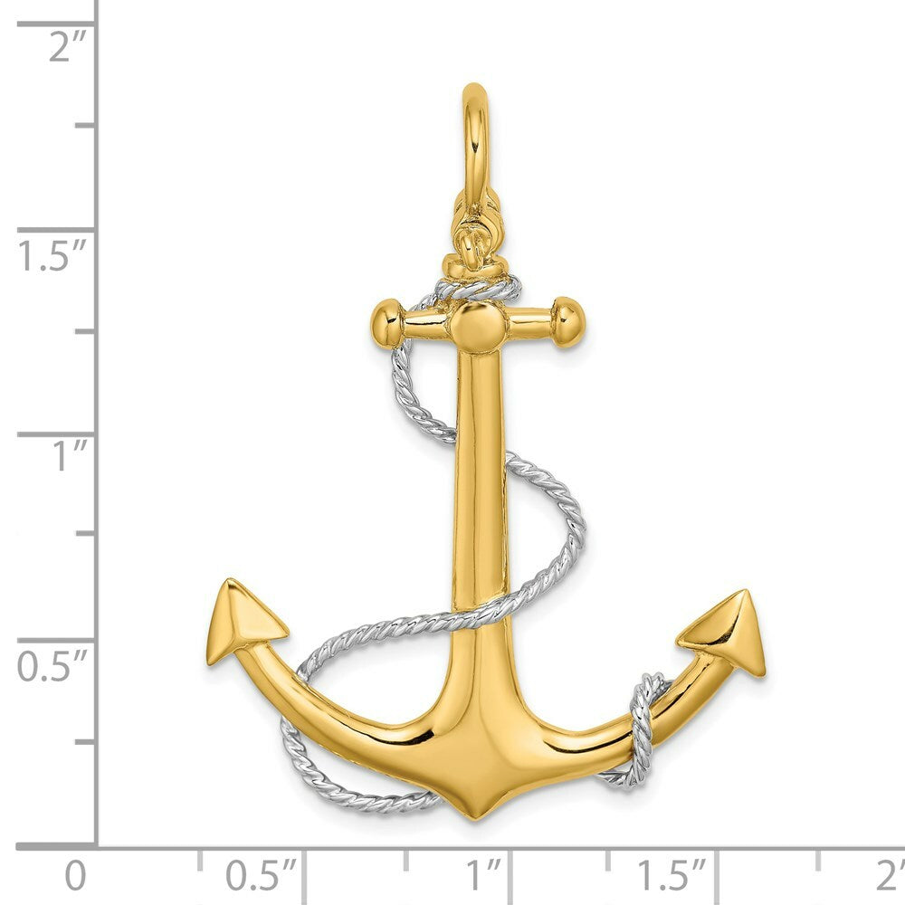 14K Two-tone Gold 3-D Large Anchor With Rope & Shackle Bail Charm Pendant