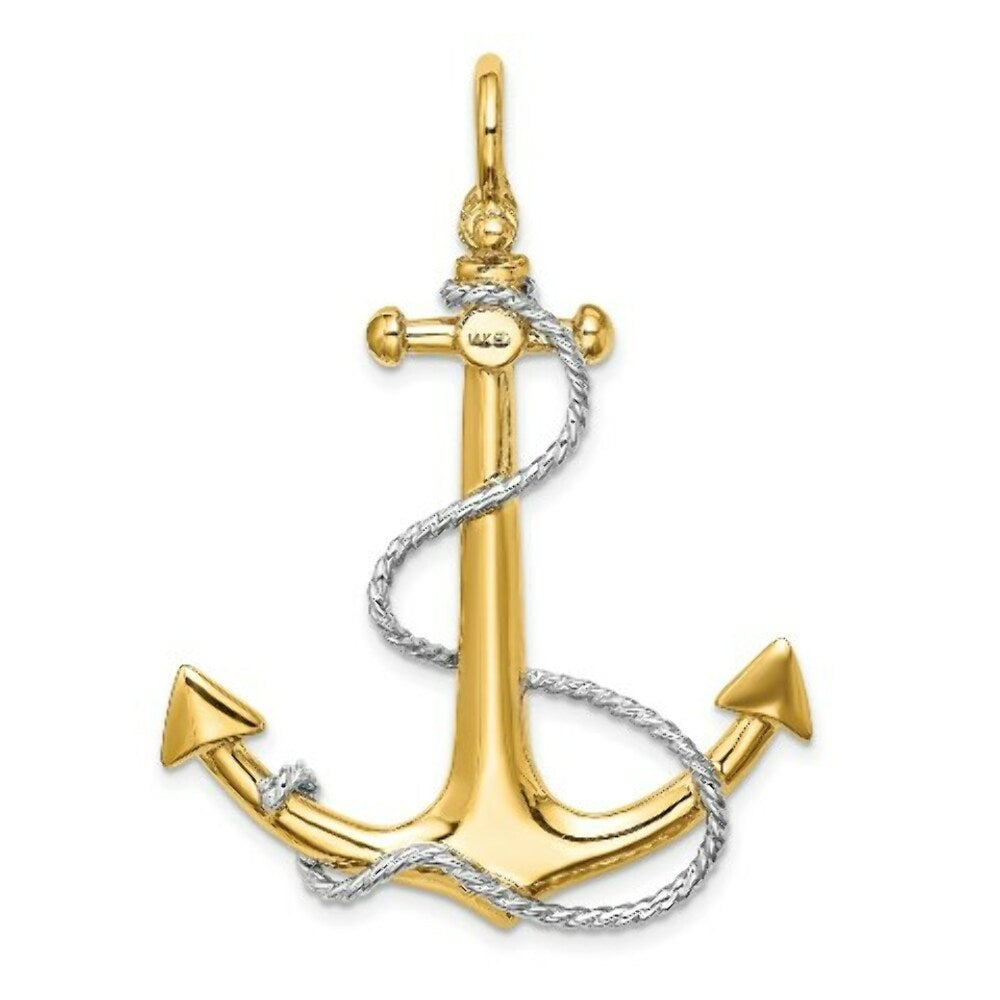 14K Two-tone Gold 3-D Large Anchor With Rope & Shackle Bail Charm Pendant