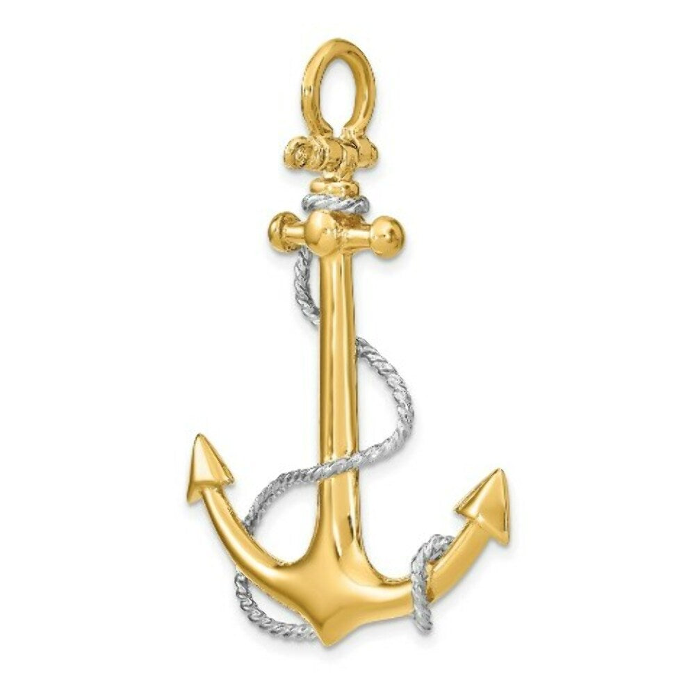 14K Two-tone Gold 3-D Large Anchor With Rope & Shackle Bail Charm Pendant