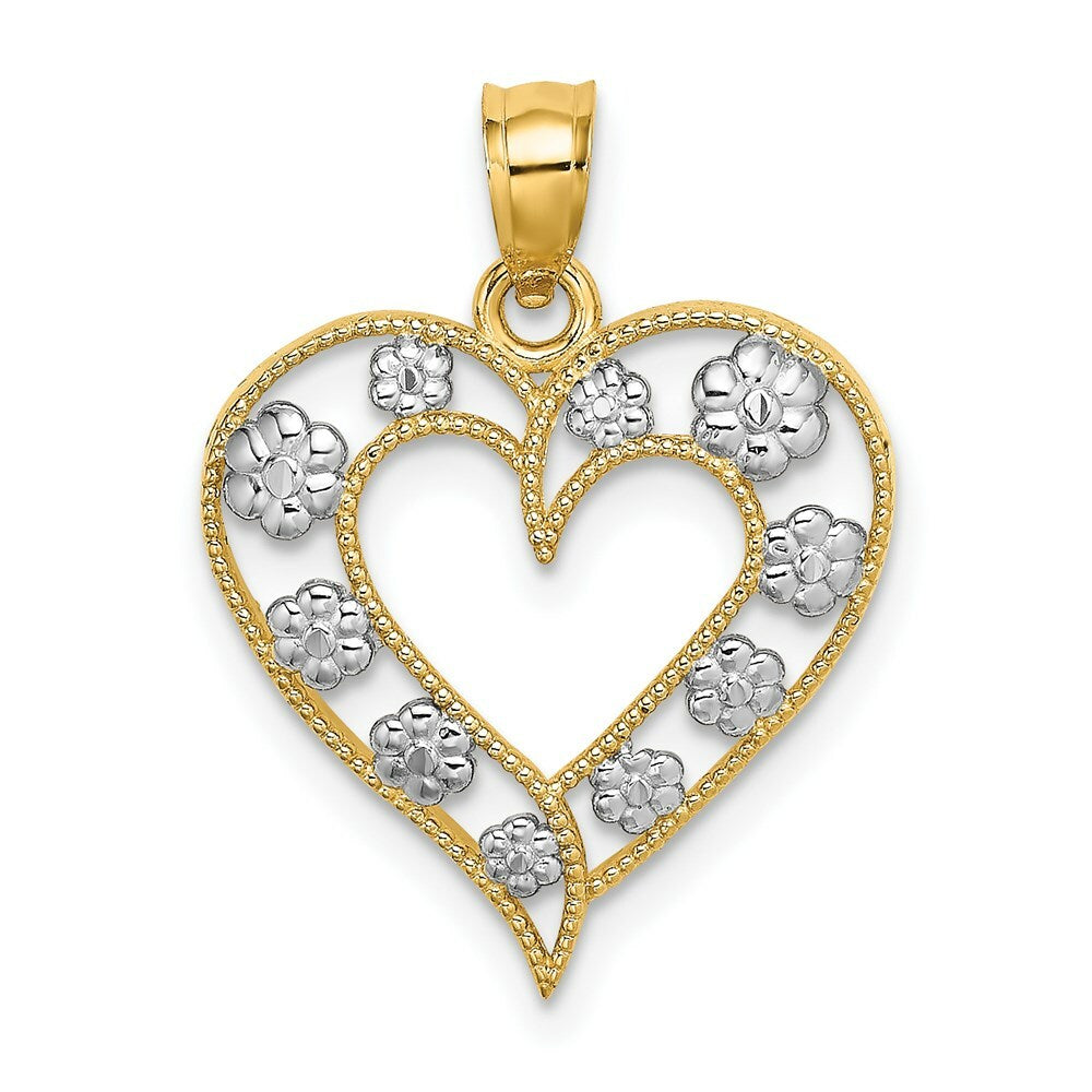 14k Two-Tone Gold Beaded Cut-Out Heart With Flowers Charm Pendant