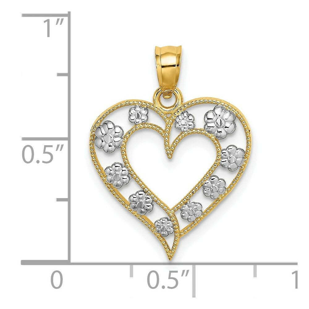 14k Two-Tone Gold Beaded Cut-Out Heart With Flowers Charm Pendant