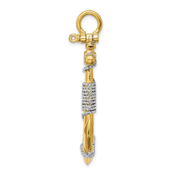 14K Two-tone Gold 3-D Large Anchor With White Wrapped Rope Charm Pendant