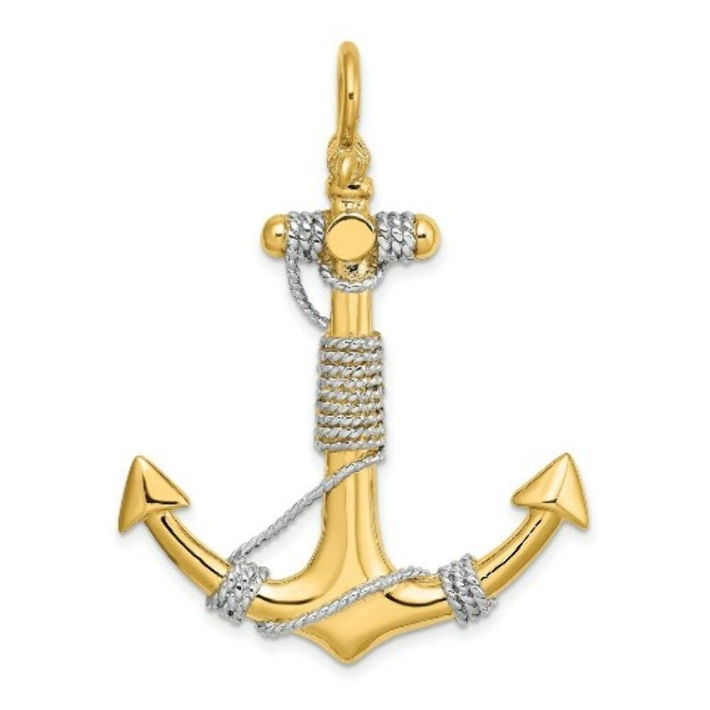 14K Two-tone Gold 3-D Large Anchor With White Wrapped Rope Charm Pendant