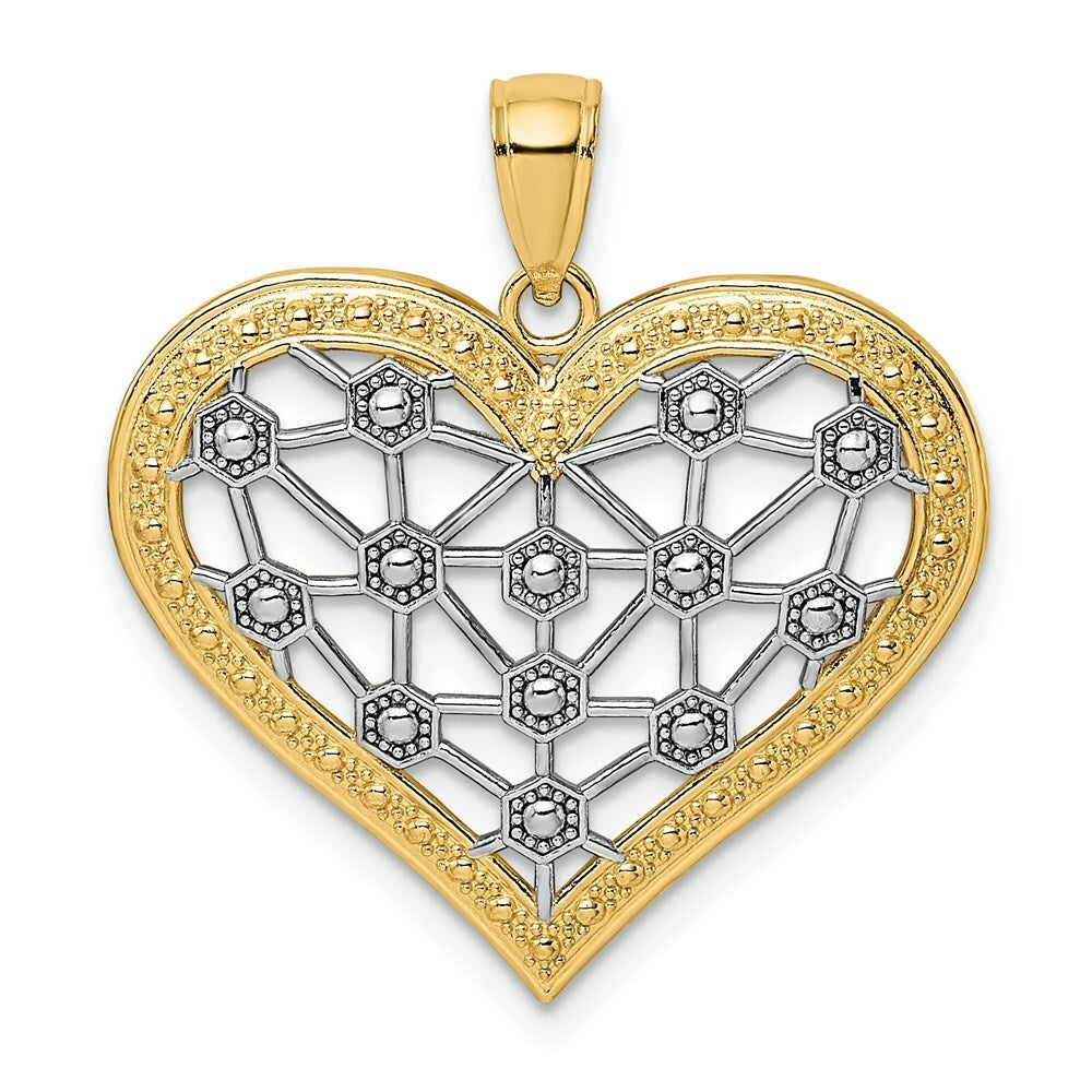 14k Yellow Gold and White Rhodium Lattice Center HEART Charm Pendant