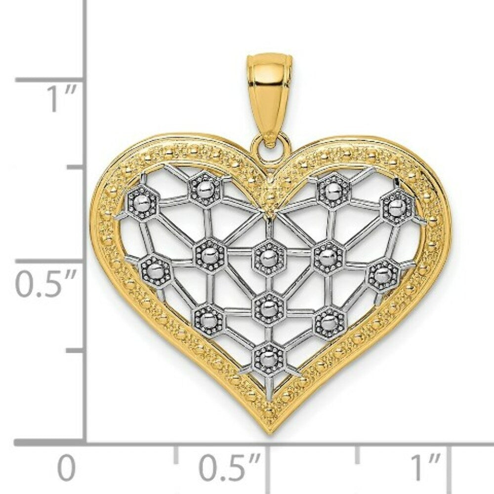 14k Yellow Gold and White Rhodium Lattice Center HEART Charm Pendant