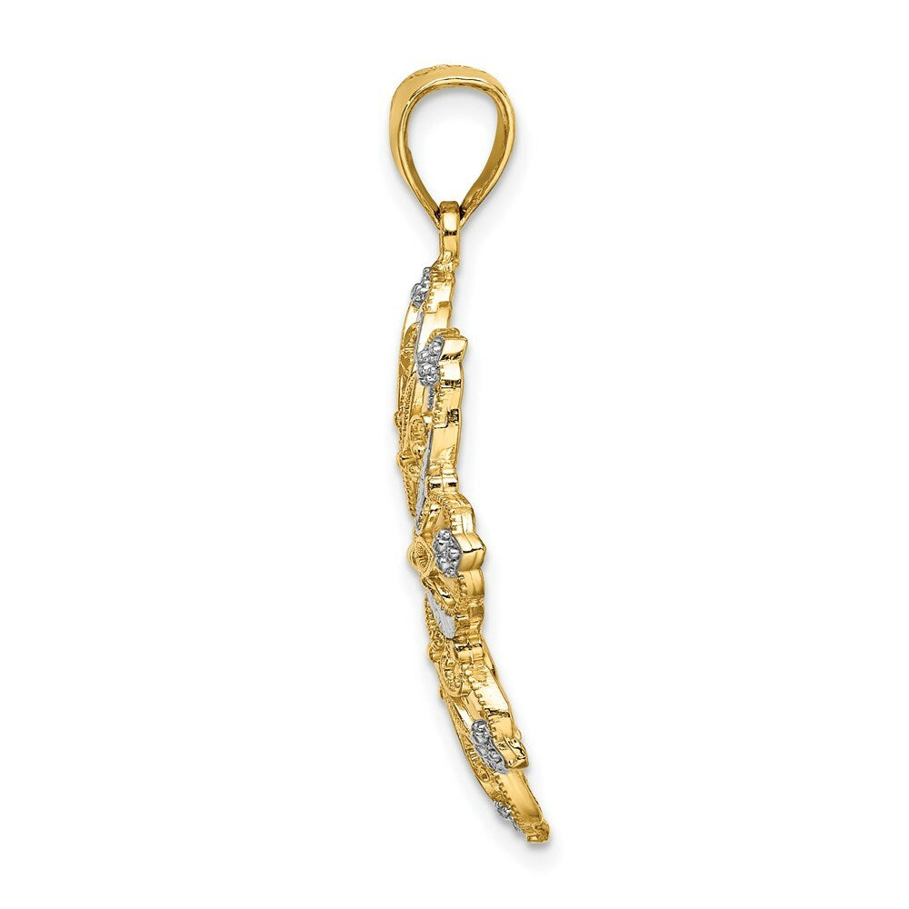 14K Yellow Gold with White Rhodium Diamond-cut Flower Charm Pendant