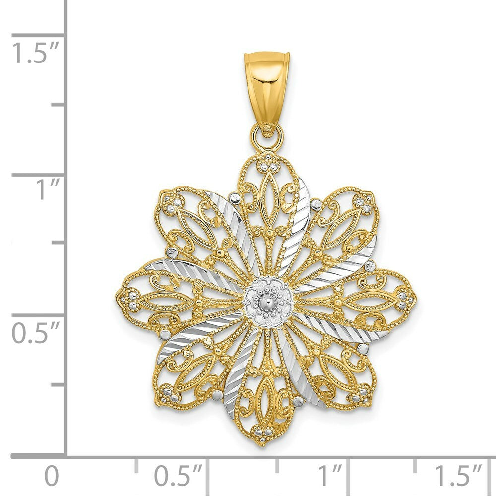 14K Yellow Gold with White Rhodium Diamond-cut Flower Charm Pendant