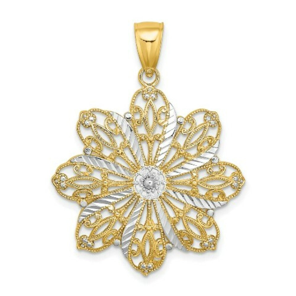 14K Yellow Gold with White Rhodium Diamond-cut Flower Charm Pendant