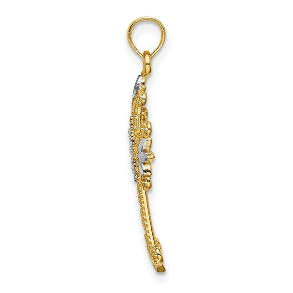 14K Yellow Gold with White Rhodium Beaded with Diamond-cut Cross Charm Pendant