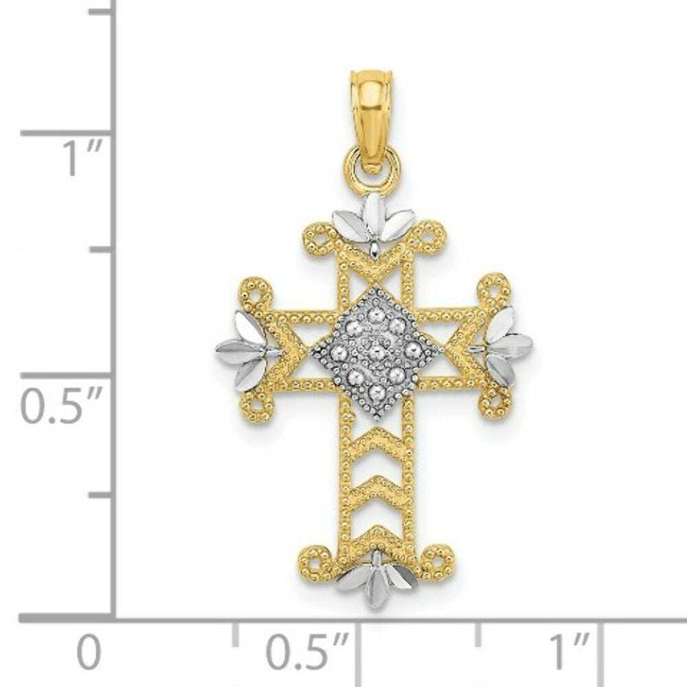 14K Yellow Gold with White Rhodium Beaded with Diamond-cut Cross Charm Pendant