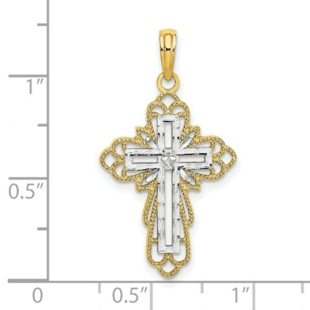 14K Yellow Gold with White Rhodium with Lace Trim Cross Charm Pendant