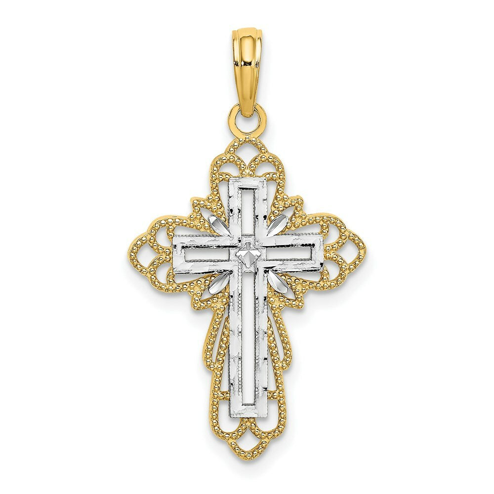 14K Yellow Gold with White Rhodium with Lace Trim Cross Charm Pendant