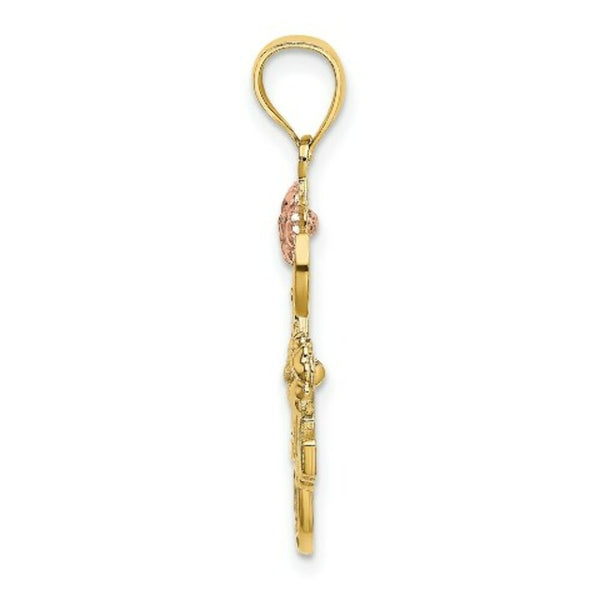 14K Tri-Color Gold I Love YOU SCRIPT With Two Flowers Charm Pendant