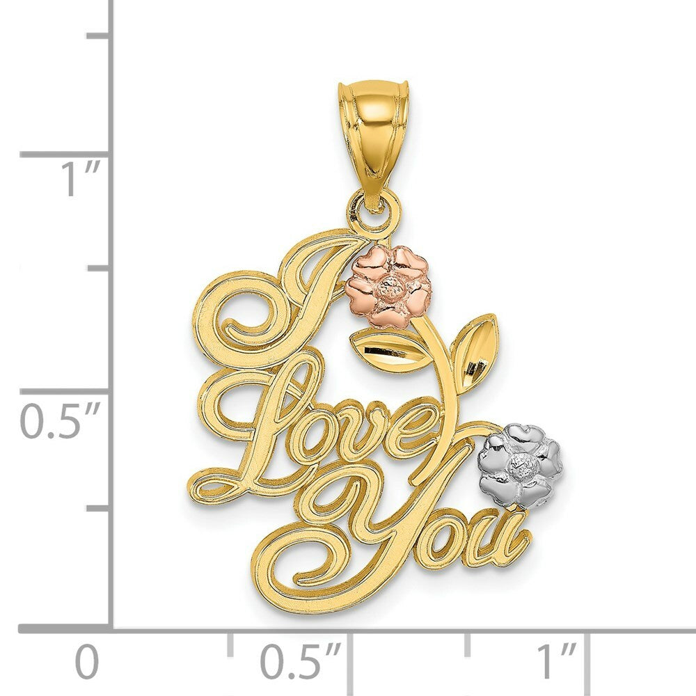14K Tri-Color Gold I Love YOU SCRIPT With Two Flowers Charm Pendant