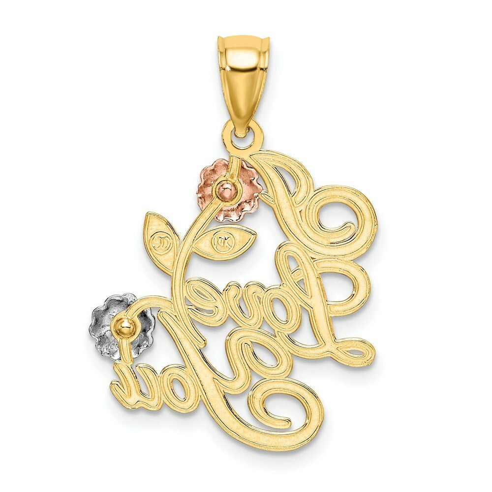 14K Tri-Color Gold I Love YOU SCRIPT With Two Flowers Charm Pendant