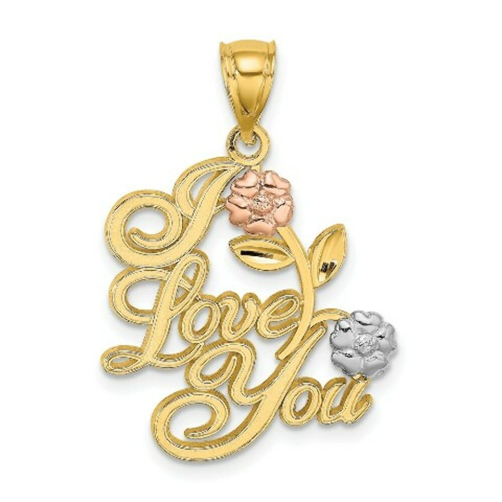 14K Tri-Color Gold I Love YOU SCRIPT With Two Flowers Charm Pendant