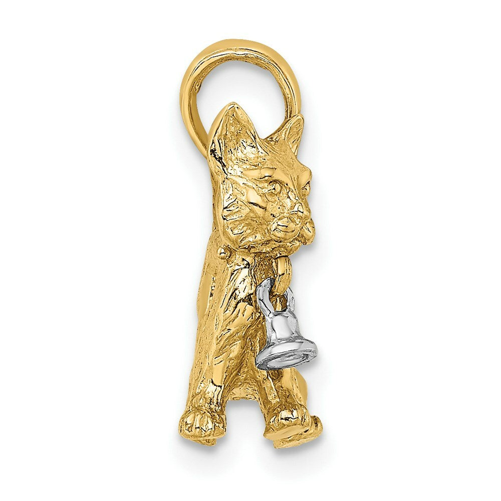 14K Two-tone Gold 3-D Cat Dangling Bell Charm Pendant