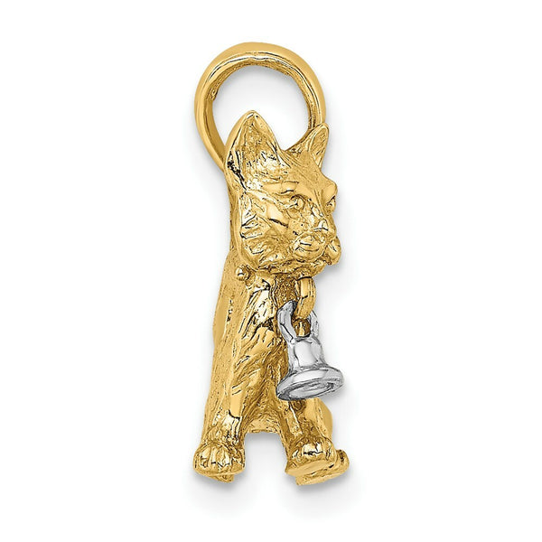 14K Two-tone Gold 3-D Cat Dangling Bell Charm Pendant