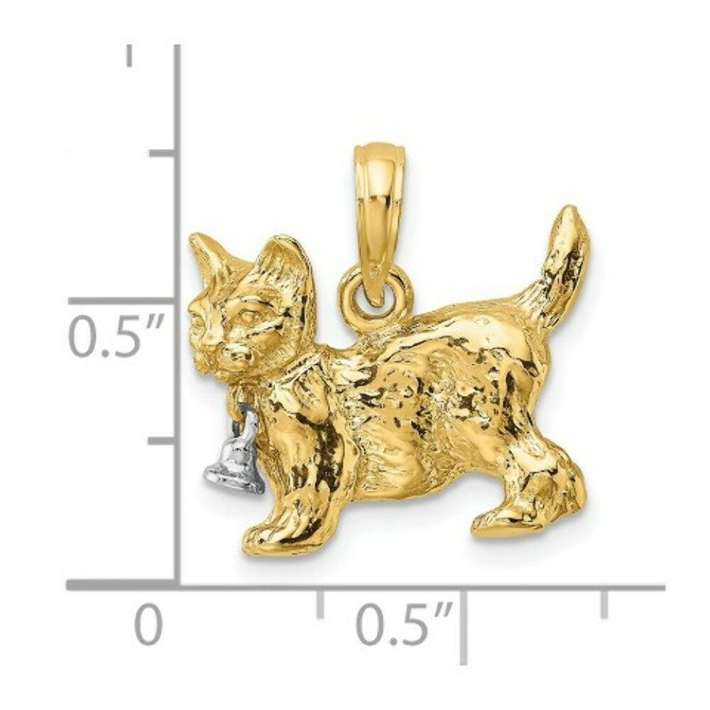 14K Two-tone Gold 3-D Cat Dangling Bell Charm Pendant