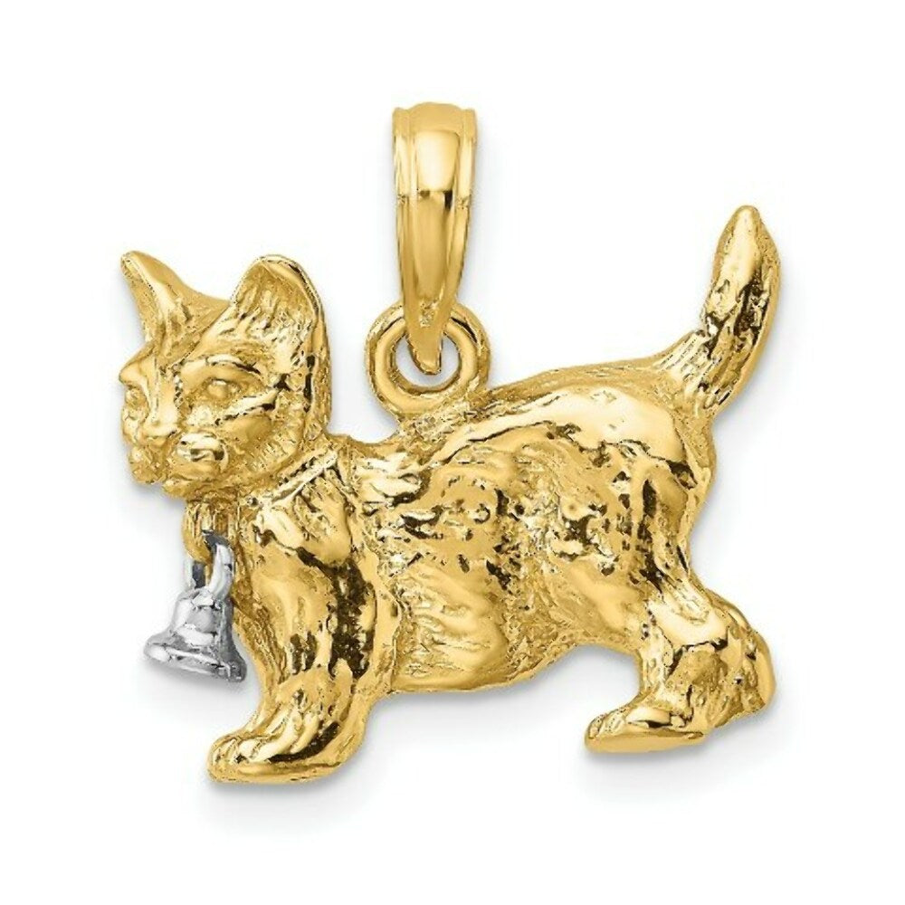 14K Two-tone Gold 3-D Cat Dangling Bell Charm Pendant