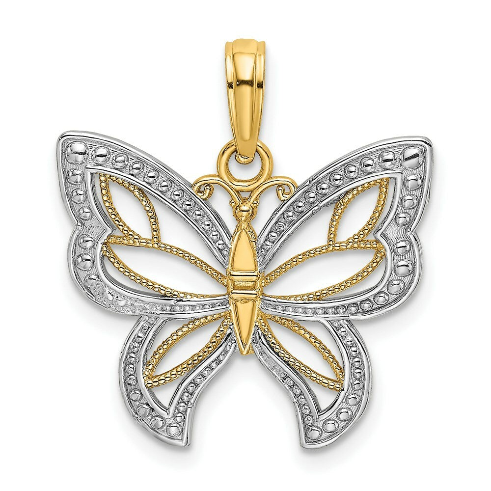 14k Yellow Gold and White Rhodium Butterfly With Yellow Gold and White Beaded Wings Charm Pendant