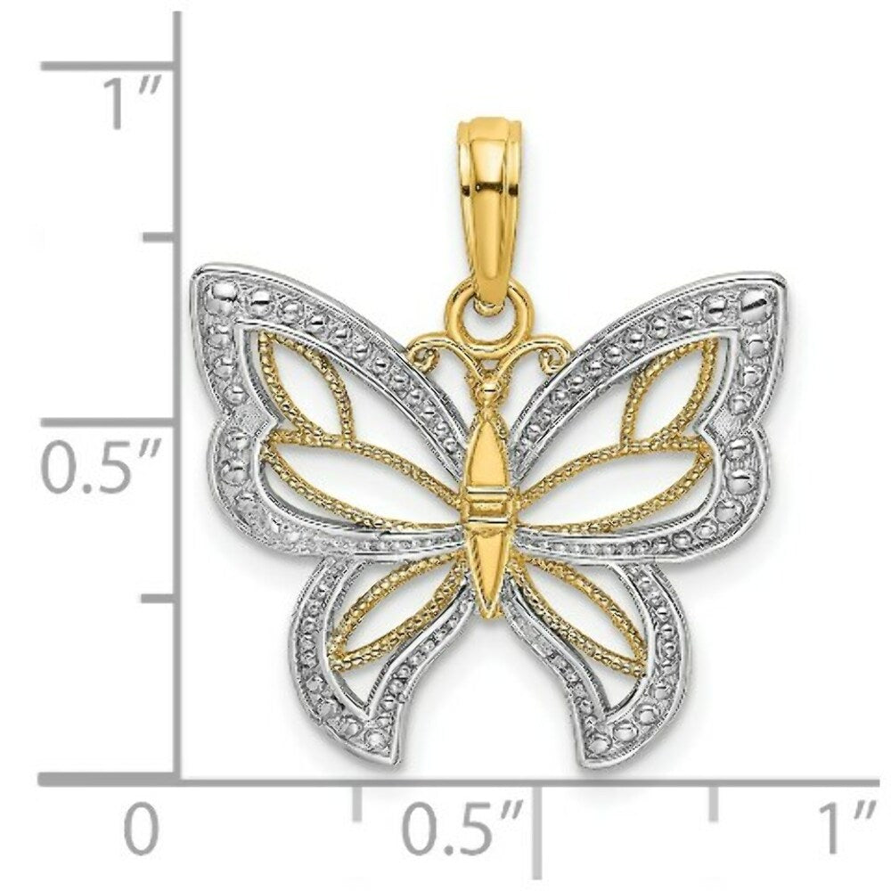 14k Yellow Gold and White Rhodium Butterfly With Yellow Gold and White Beaded Wings Charm Pendant