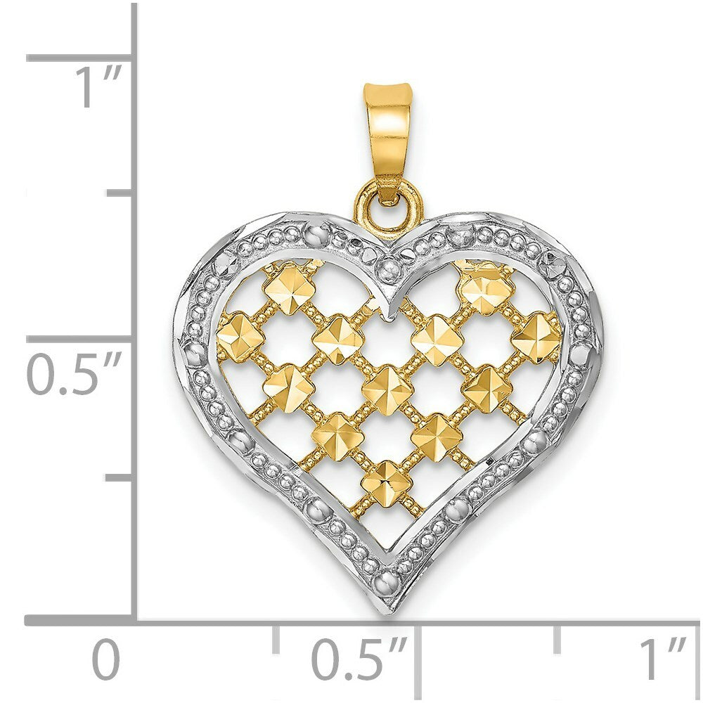 14K Yellow Gold with White Rhodium with Diamond-cut Outline Heart Charm Pendant