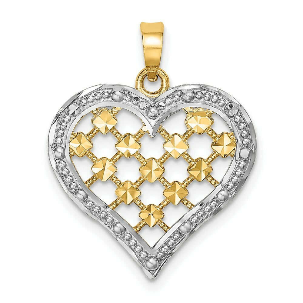 14K Yellow Gold with White Rhodium with Diamond-cut Outline Heart Charm Pendant
