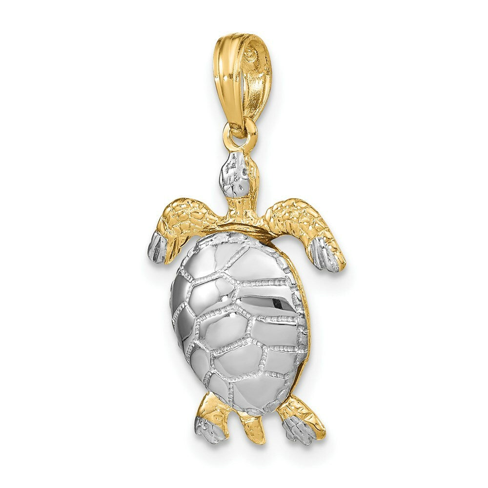 14K Yellow Gold with White Rhodium with Polished 3-D Moveable Sea Turtle Charm Pendant