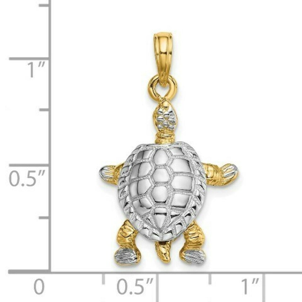 14K Yellow Gold with White Rhodium with 3-D Land Turtle With Moveable Head Charm Pendant