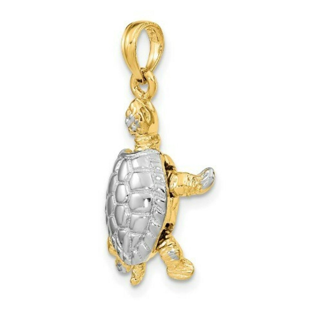 14K Yellow Gold with White Rhodium with 3-D Land Turtle With Moveable Head Charm Pendant