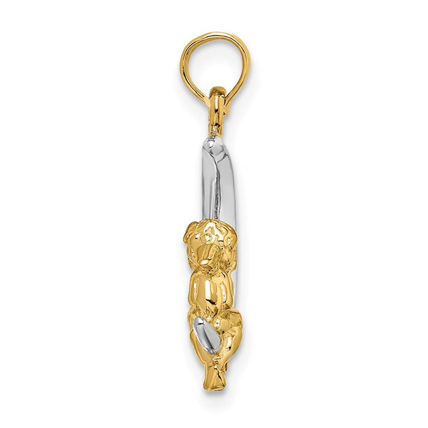 14K Yellow Gold with White Rhodium 3-D Angel on Moon Charm Pendant