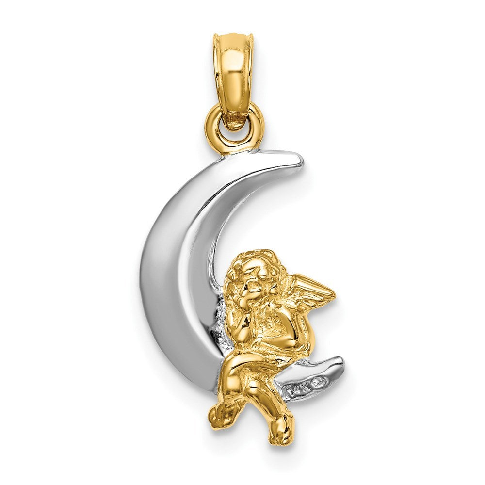 14K Yellow Gold with White Rhodium 3-D Angel on Moon Charm Pendant