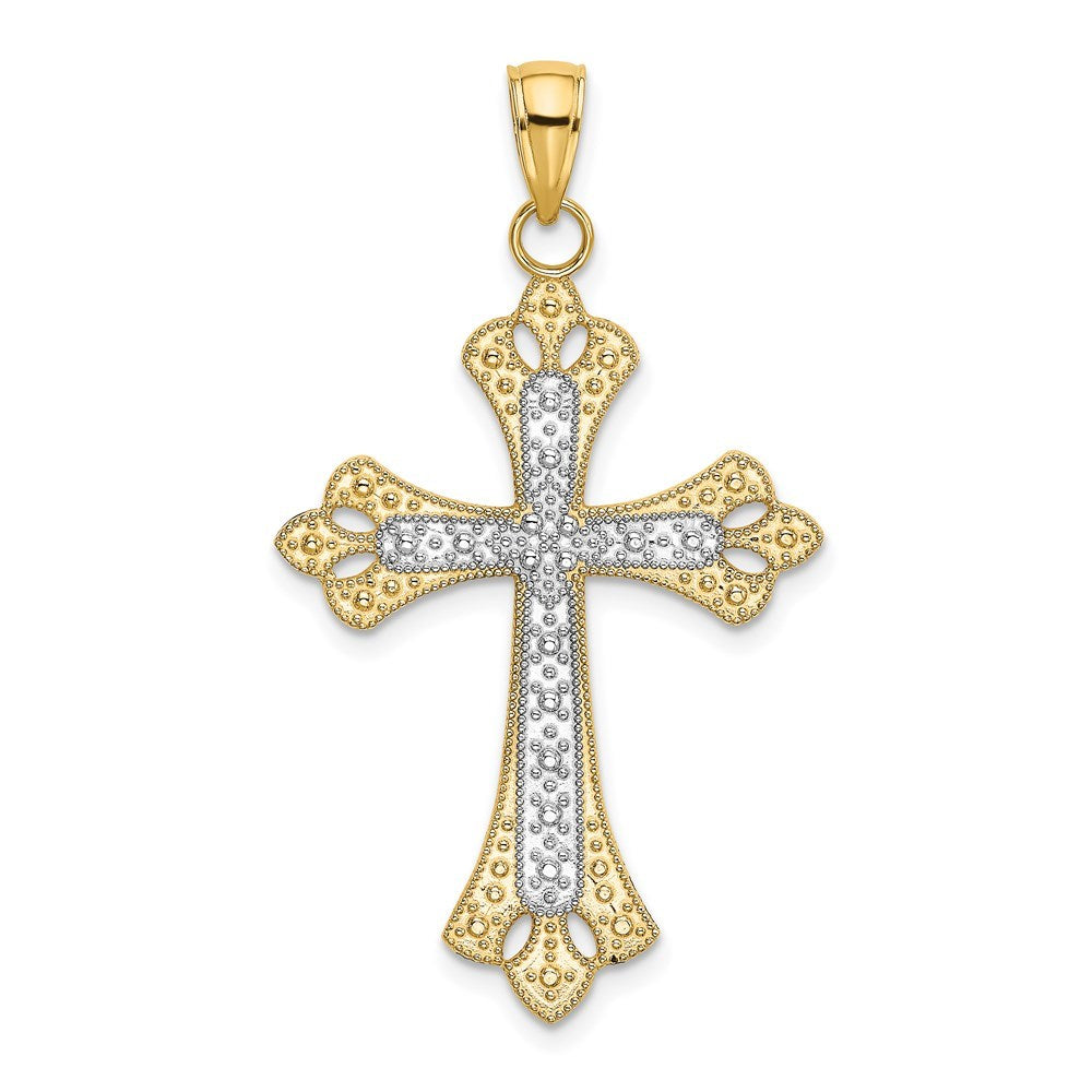 14K Yellow Gold with White Rhodium Scalloped Edges Cross Charm Pendant