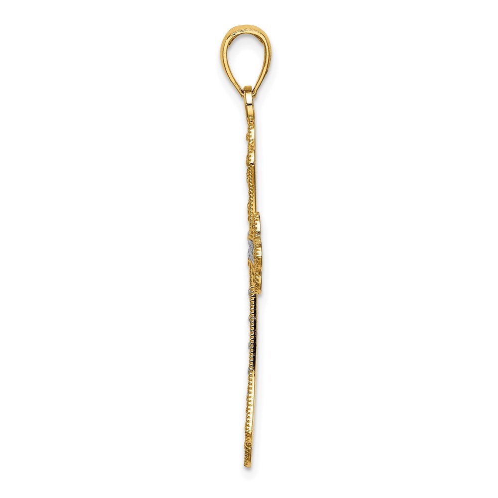 14K Yellow Gold with White Rhodium Scalloped Edges Cross Charm Pendant