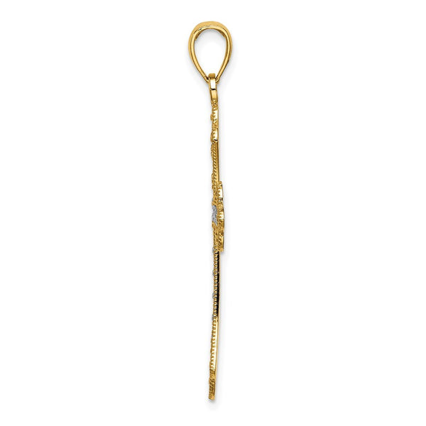 14K Yellow Gold with White Rhodium Scalloped Edges Cross Charm Pendant
