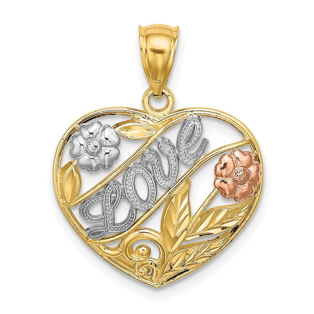 14K Tri-Color Gold Heart With Love & Flowers Charm Pendant