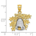 Load image into Gallery viewer, 14K Two-Tone Gold 3-D Christmas Bell &amp; Holly Charm Pendant
