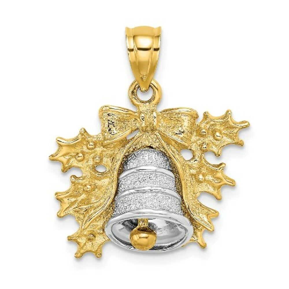 14K Two-Tone Gold 3-D Christmas Bell & Holly Charm Pendant