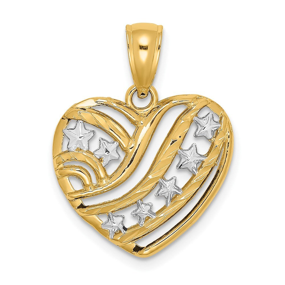14k Yellow Gold and White Rhodium Starts with Stripes Heart Charm Pendant