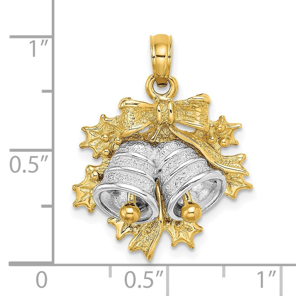 14K Two-Tone Gold 3-D Christmas Bell & Holly Charm Pendant