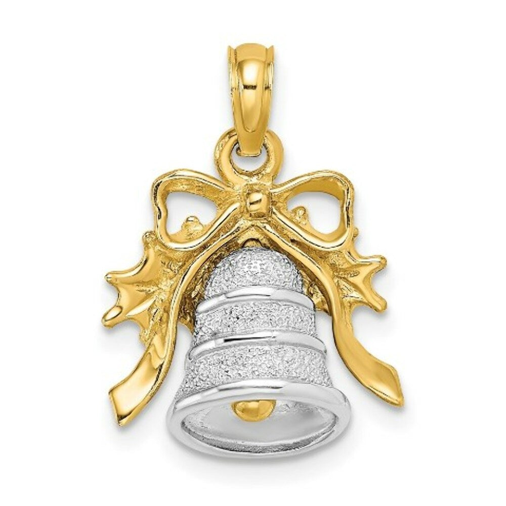 14K Two-Tone Gold 3-D Christmas Bell & Holly Charm Pendant