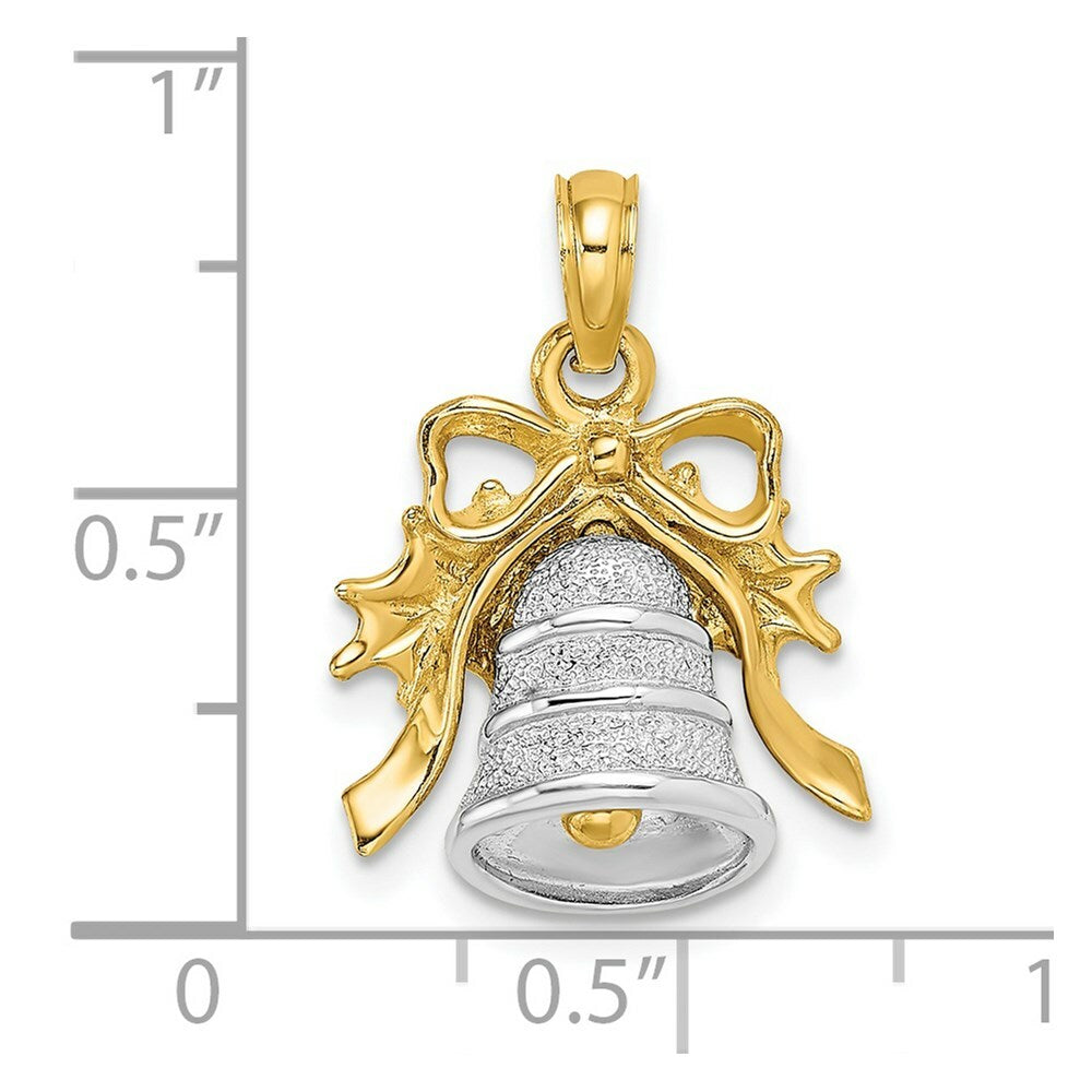 14K Two-Tone Gold 3-D Christmas Bell & Holly Charm Pendant
