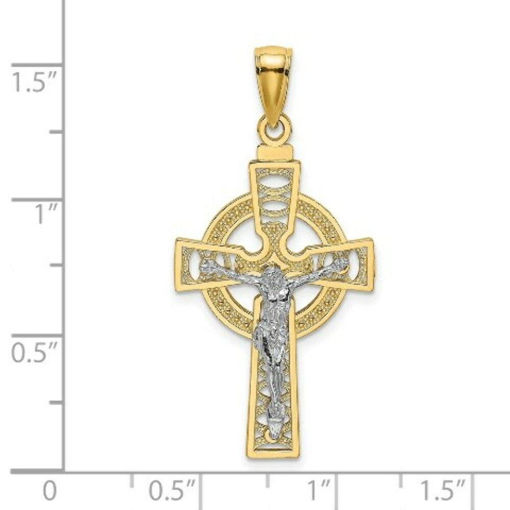 14K Two-tone Gold Celtic Crucifix Eternity Circle Charm Pendant