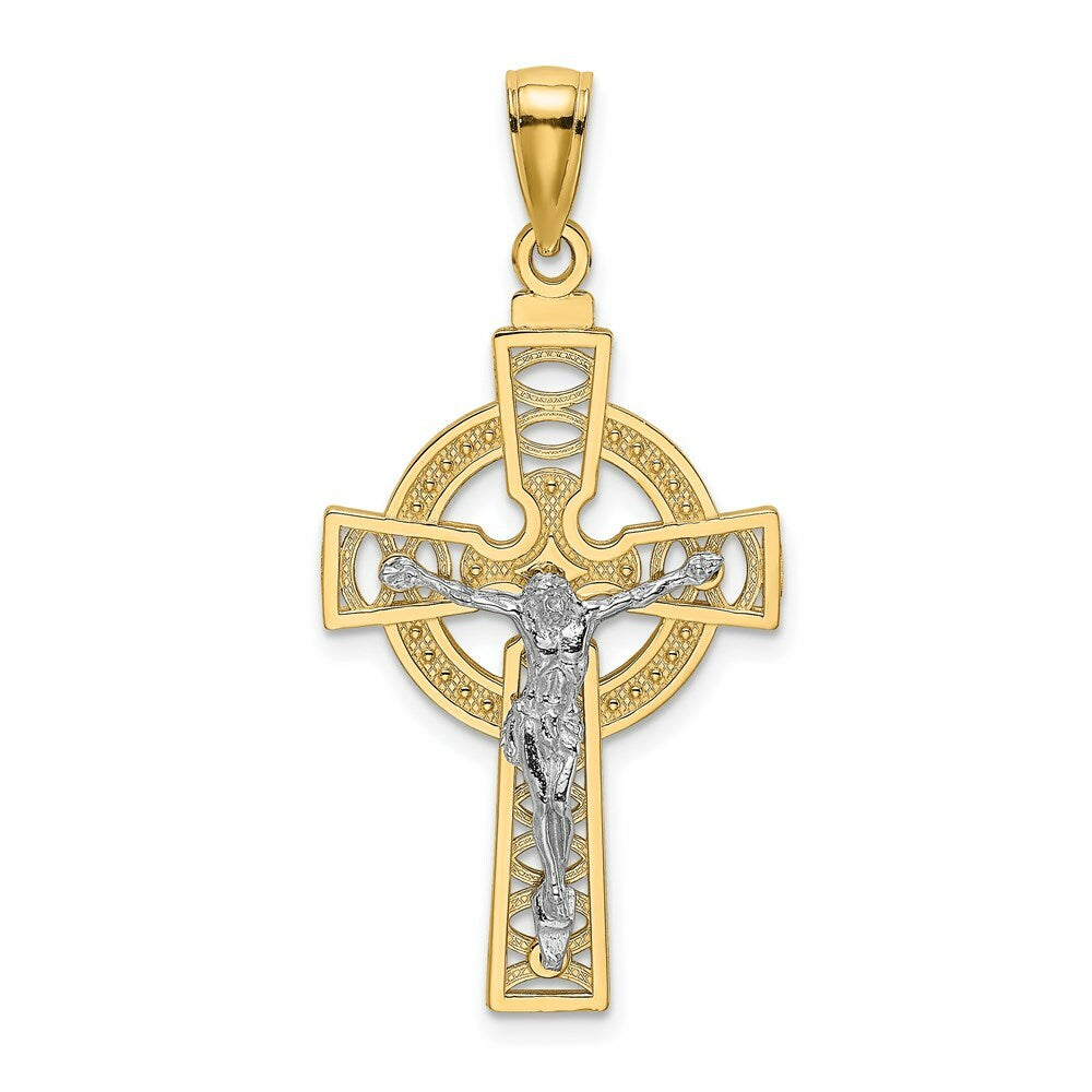 14K Two-tone Gold Celtic Crucifix Eternity Circle Charm Pendant