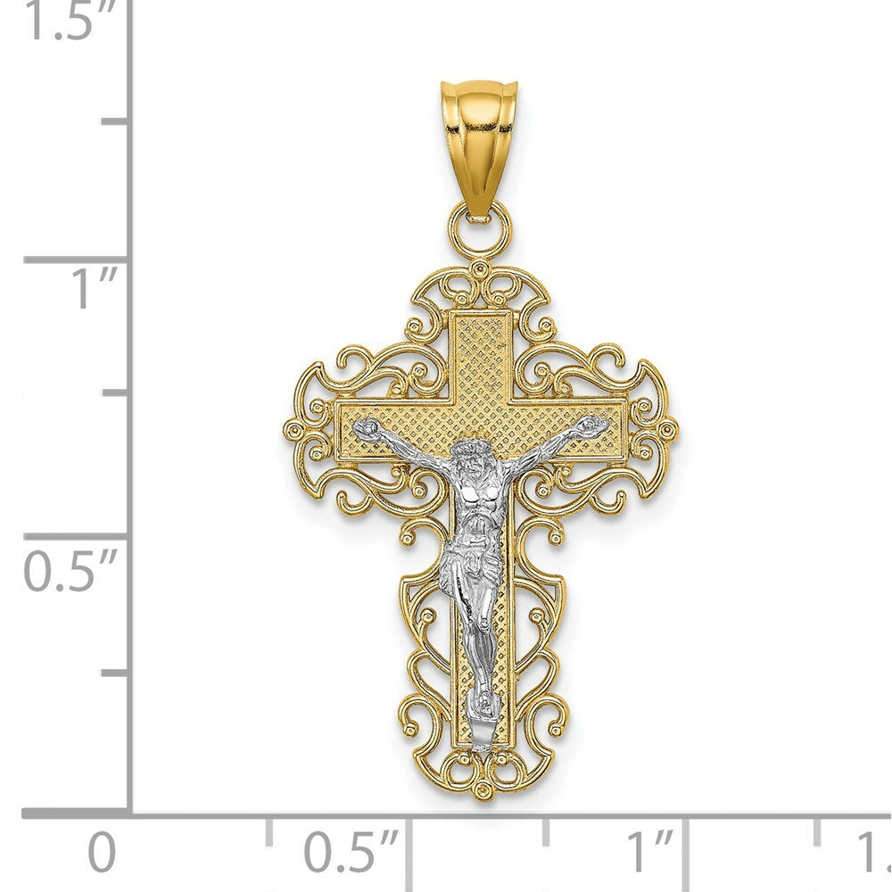 14K Two-tone Gold Lace Trim Crucifix Charm Pendant