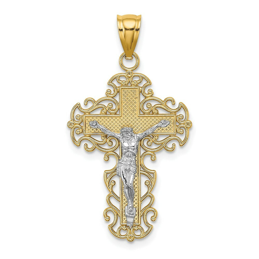 14K Two-tone Gold Lace Trim Crucifix Charm Pendant
