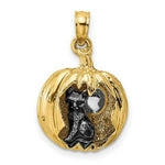 Load image into Gallery viewer, 14k Yellow Gold and White Rhodium 3-D Jack-o-Lantern With Enameled Black Cat with Moon Charm Pendant
